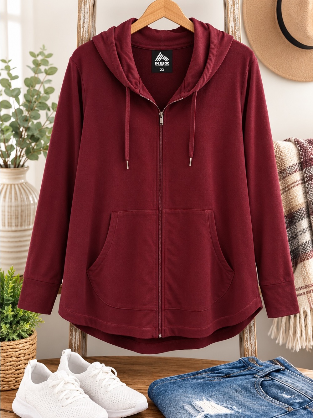 🍷 RBX Women’s 2X Burgundy Hooded Active Jacket – Lightweight